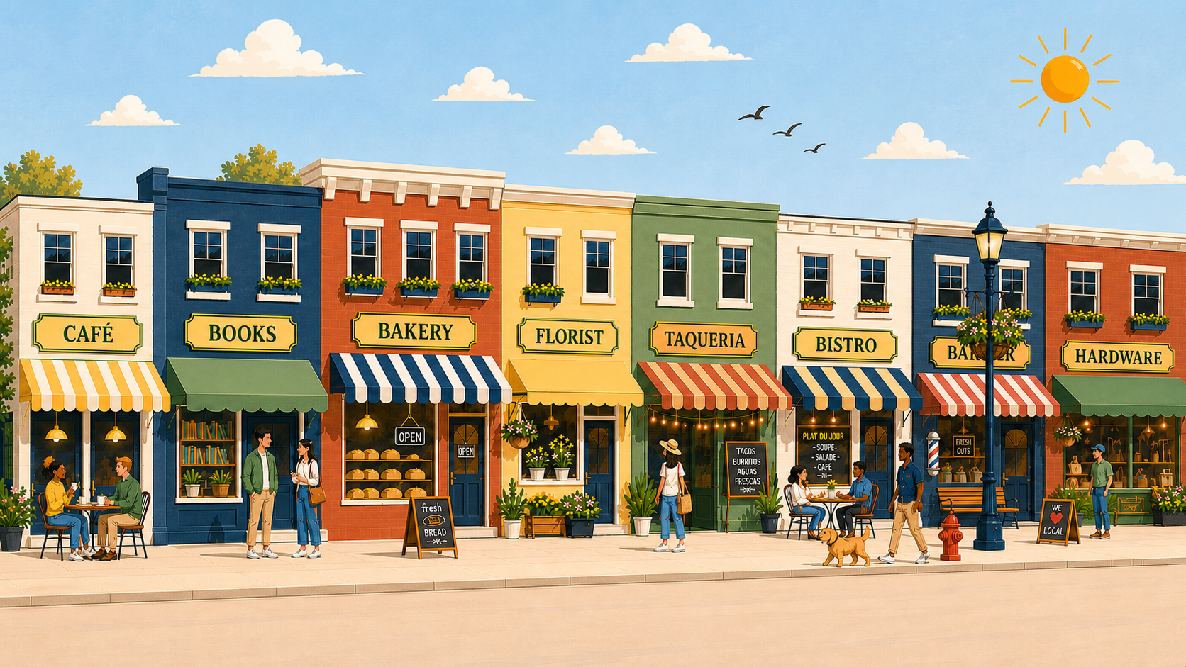 A flat illustration of a sunny Main Street: a row of small-business storefronts under a clear blue sky.