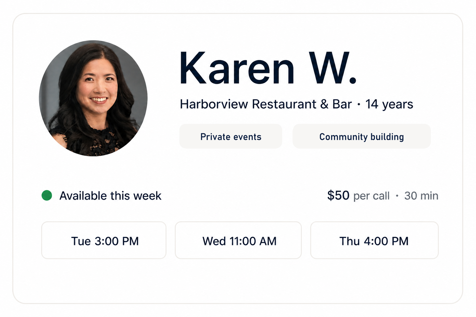 A Mainstep Elder profile showing Karen W., her experience, availability, call price, and bookable times