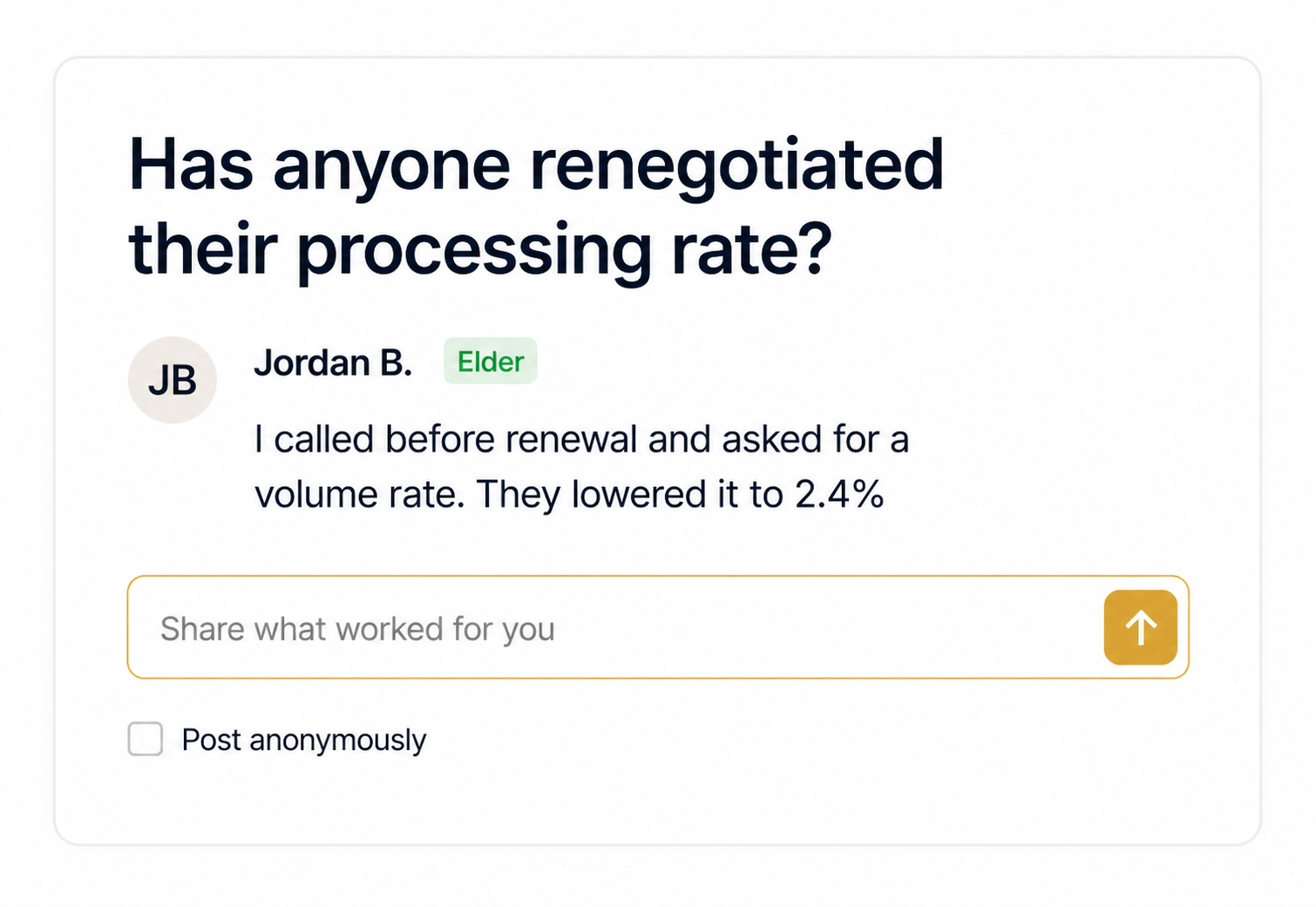 A Mainstep Thread where a business owner asks about negotiating credit card processing rates and receives practical advice from an Elder